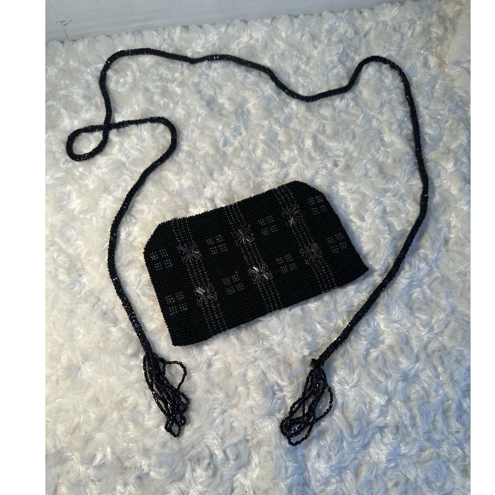 Black/Silver Beaded Geometric Crossbody Bag for Women Rectangle w/ Strap
